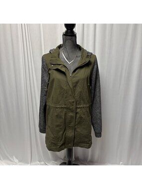 Hem And Thread Utility Jacket Womens Size Small Olive Hooded Knit Sleeve Coat